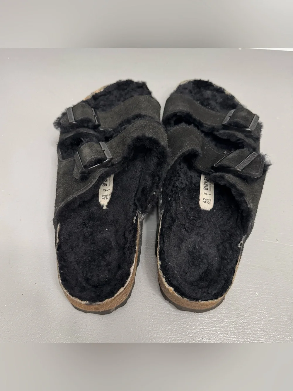 Birkenstock Black Shearling Suede Arizona Slide Sandals